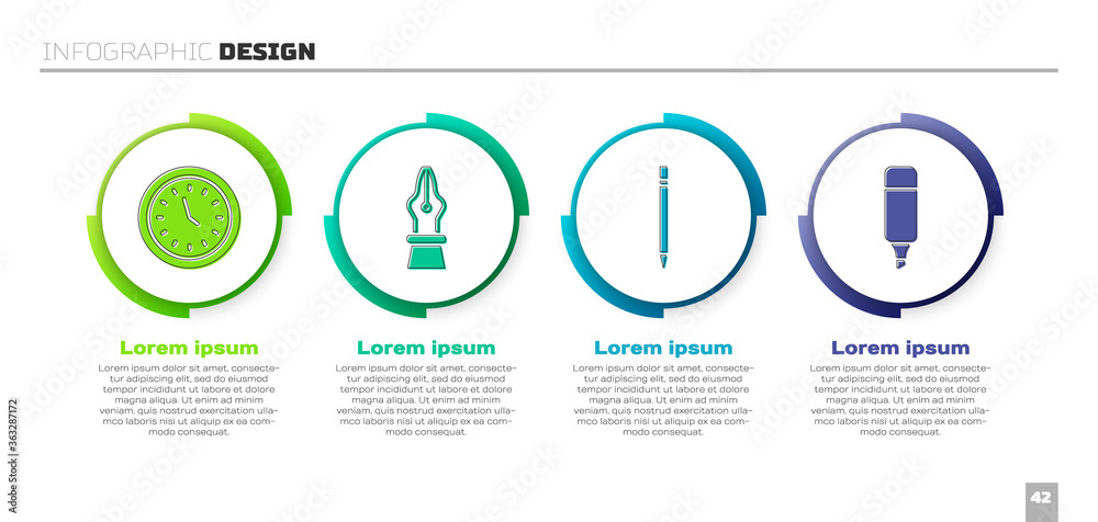 Set Clock, Fountain pen nib, Pencil with eraser and Marker pen. Business infographic template. Vecto