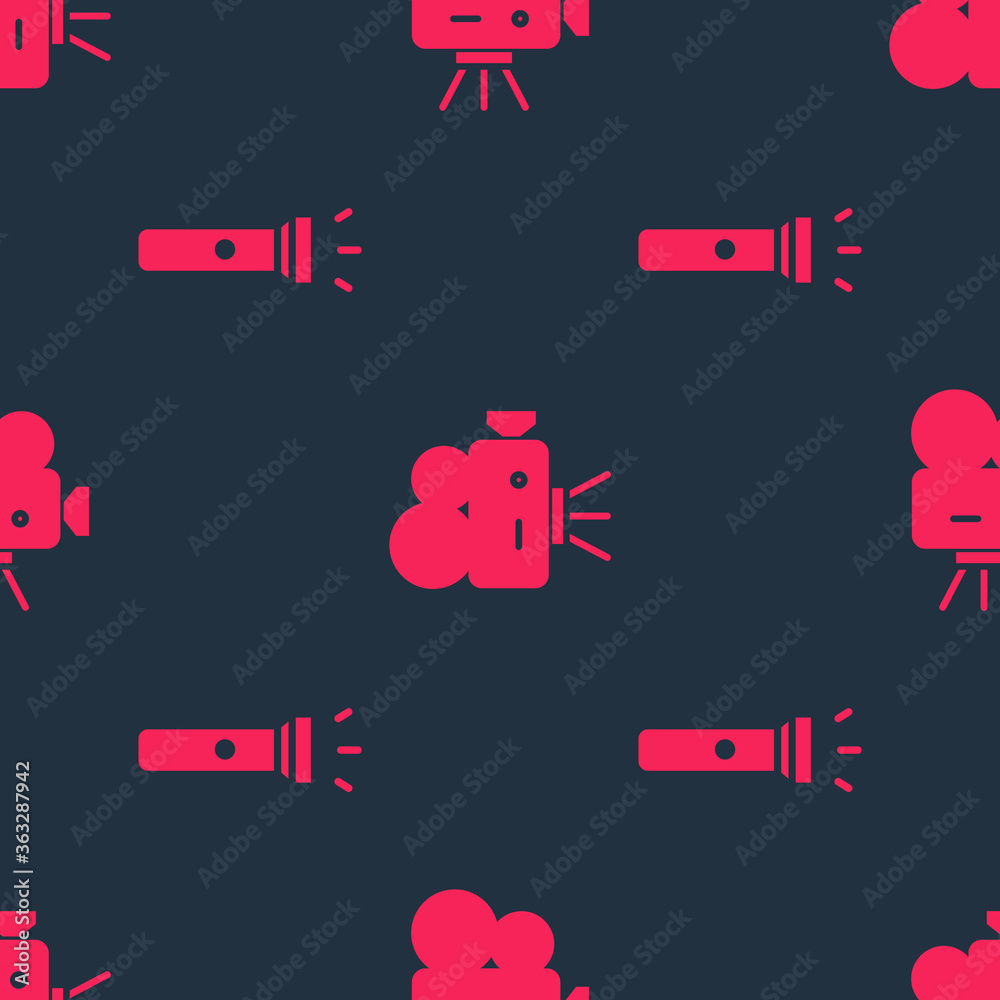 Set Flashlight and Retro cinema camera on seamless pattern. Vector.