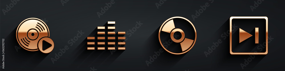 Set Vinyl disk, Music equalizer, CD or DVD disk and Fast forward icon with long shadow. Vector.