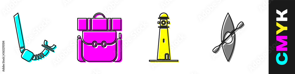 Set Snorkel, Hiking backpack, Lighthouse and Kayak or canoe and paddle icon. Vector.