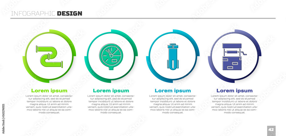 设置工业金属管、水表、滤水器和水井。商业信息图模板。Vecto