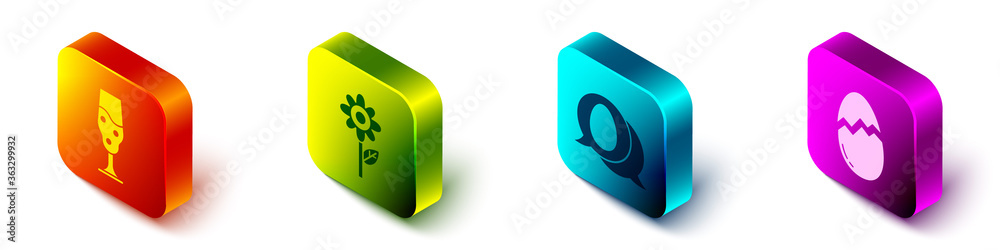 Set Isometric Wine glass, Flower, Speech bubble with easter egg and Broken egg icon. Vector.