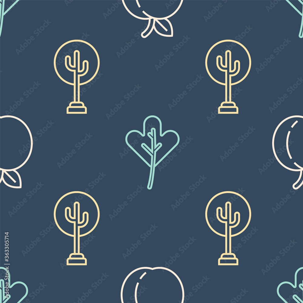 Set line Peach fruit, Tree and Leaf or leaves on seamless pattern. Vector.