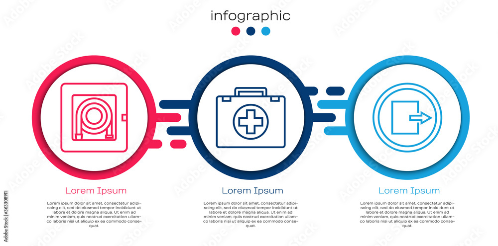 设置消防软管柜、急救箱和消防出口。商业信息图模板。矢量。