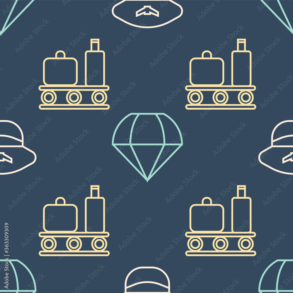 Set line Pilot hat, Airport conveyor belt with suitcase and Parachute on seamless pattern. Vector.