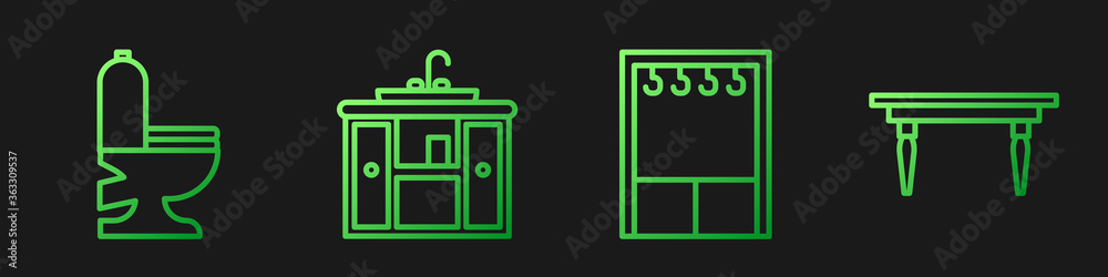 Set line Wardrobe, Toilet bowl, Washbasin cabinet with tap and Wooden table. Gradient color icons. V