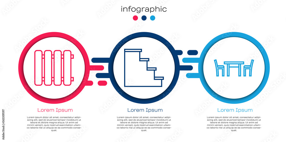 Set line Heating radiator, Staircase and Wooden table with chair. Business infographic template. Vec