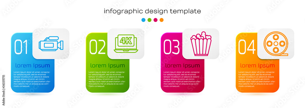 Set line Cinema camera, Laptop with 4k video, Popcorn in box and Film reel. Business infographic tem