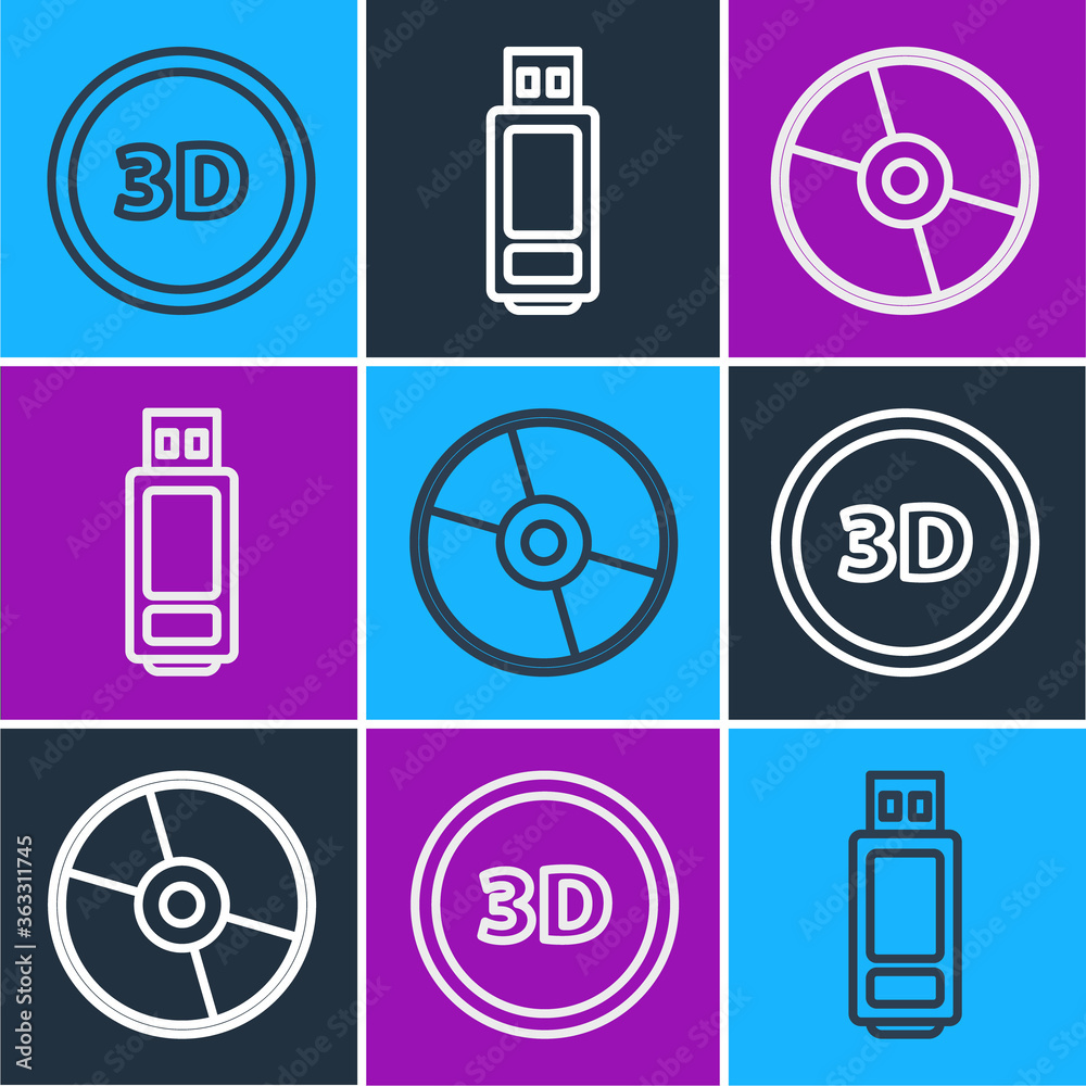 Set line 3D word, CD or DVD disk and USB flash drive icon. Vector.