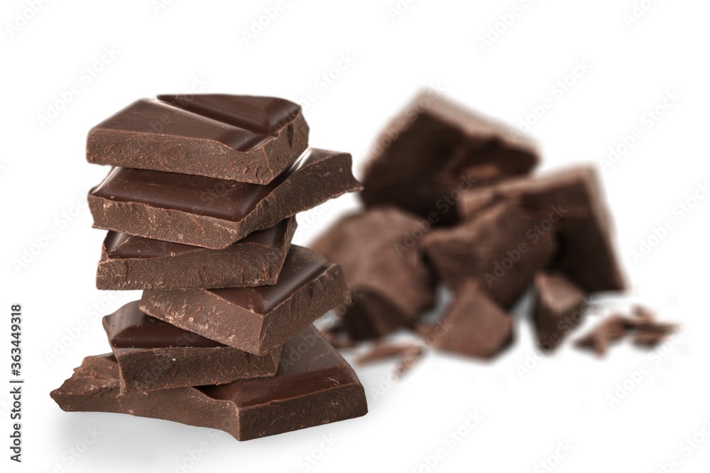 Sweet broken chocolate bar on white background