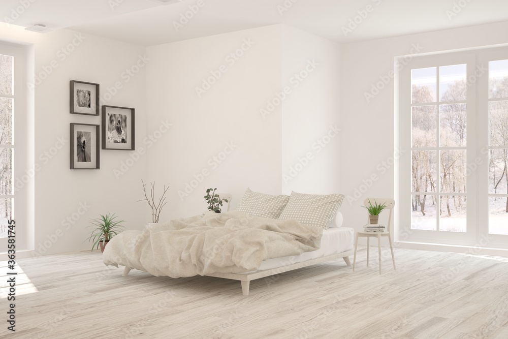 White bedroom interior. Scandinavian design. 3D illustration