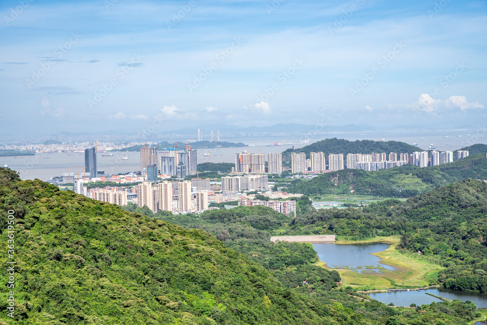 广州南沙黄山路森林公园俯瞰珠江口海岸