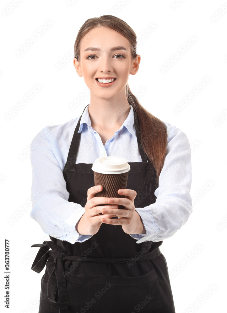 Young female barista on white background