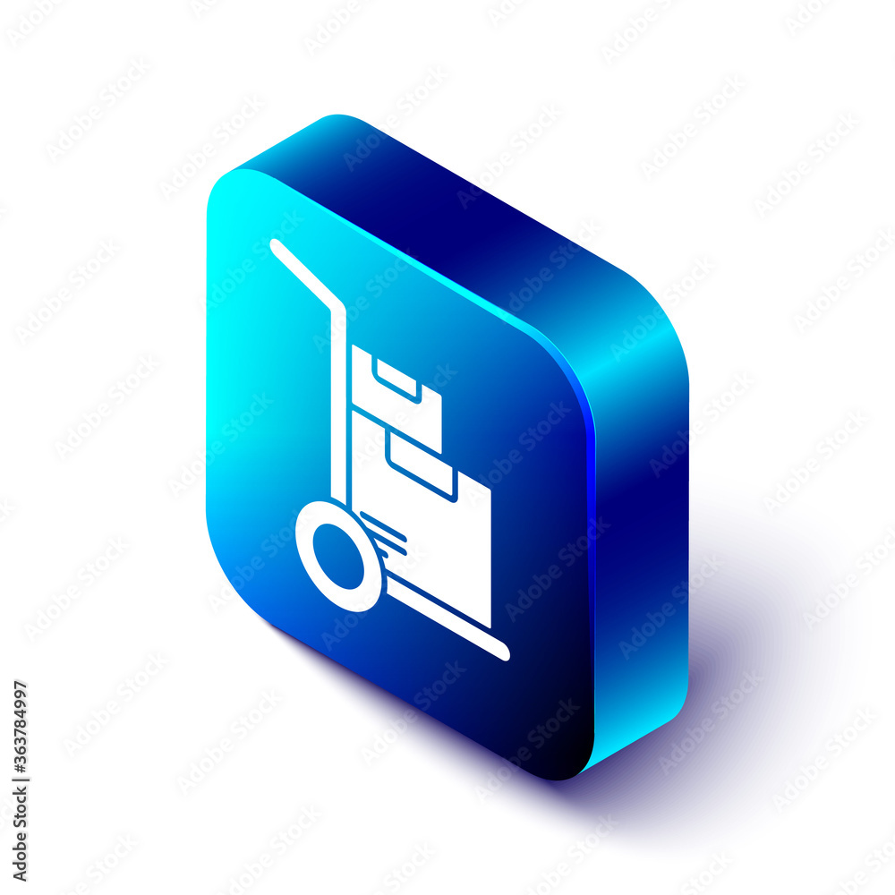 Isometric Hand truck and boxes icon isolated on white background. Dolly symbol. Blue square button. 