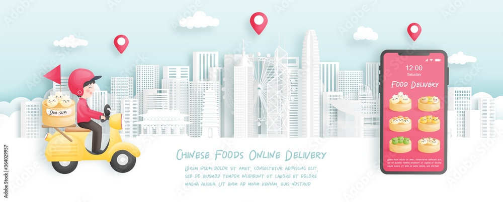 Online food delivery, dim sum and Chinese traditional food with delivery boy. 