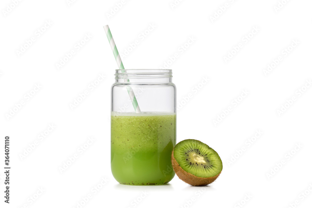 kiwifruit juice in glass jar isolated on white background.