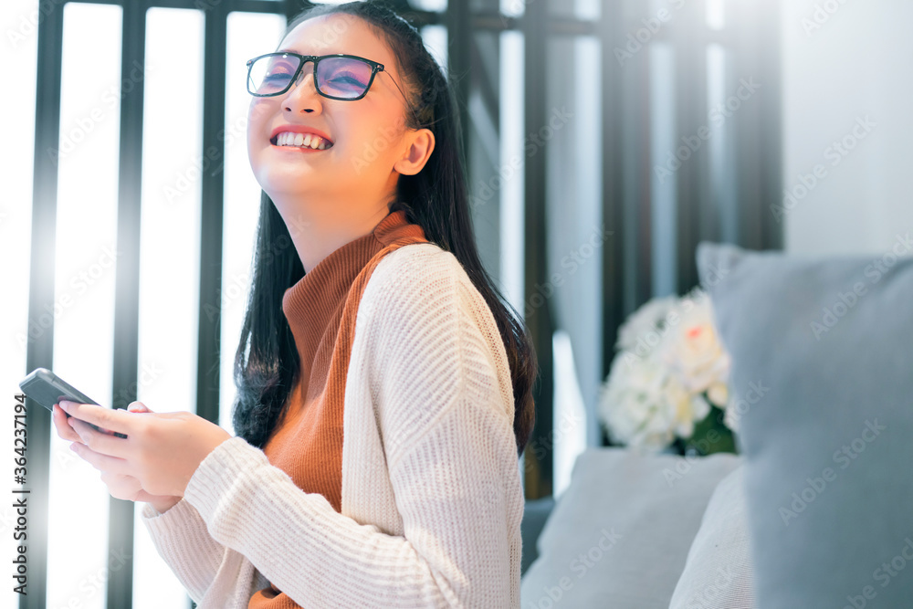 beautiful asian woman long black hair portrait white sweater with happiness smile and positive think