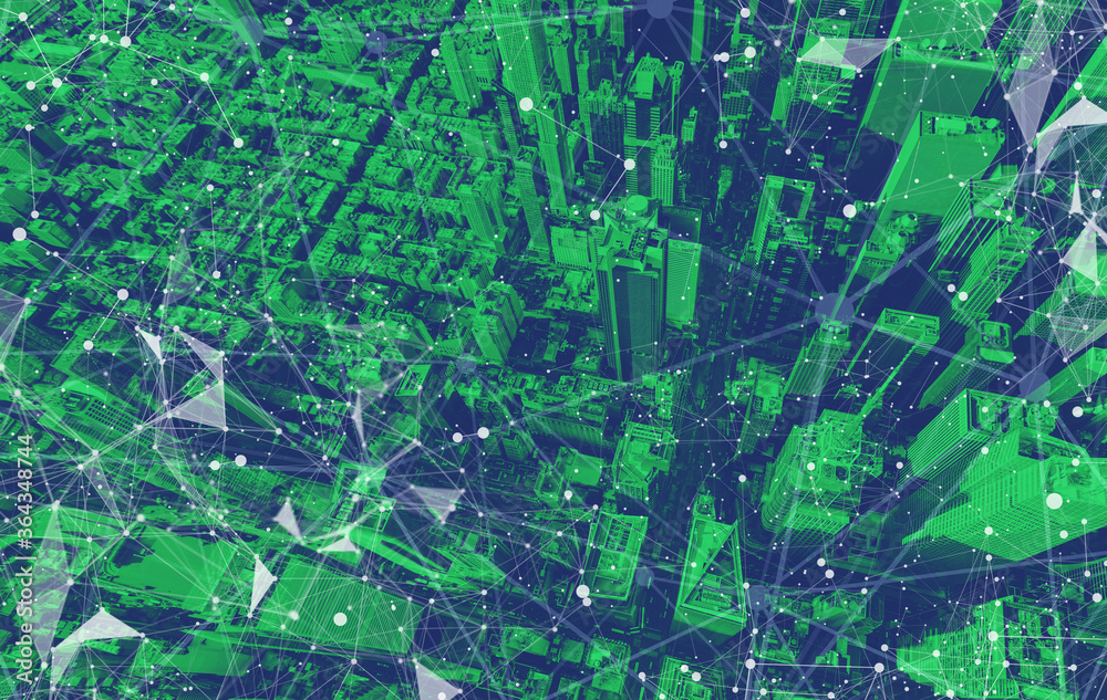 具有抽象网络模式和曼哈顿纽约摩天大楼的技术屏幕