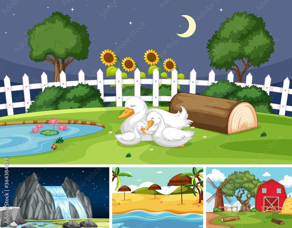 Four different scenes in nature setting cartoon style