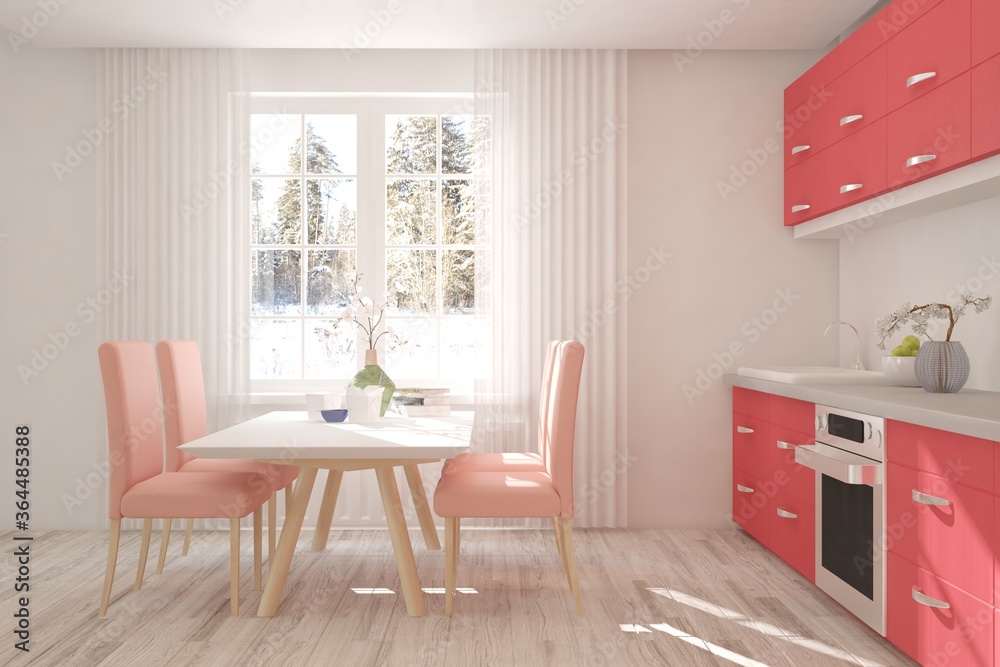 Сoral kithen. Color and trend of the year 2019. Scandinavian interior design. 3D illustration