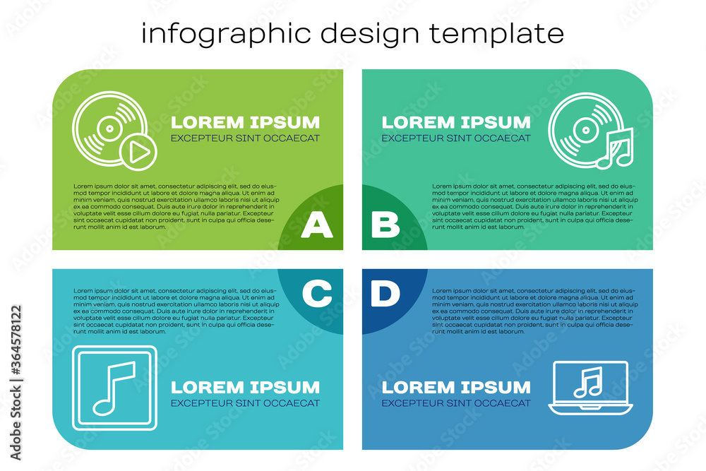 设置线音乐音符、音调、乙烯基磁盘、带音乐音符和乙烯基磁盘的笔记本电脑。商业信息图t