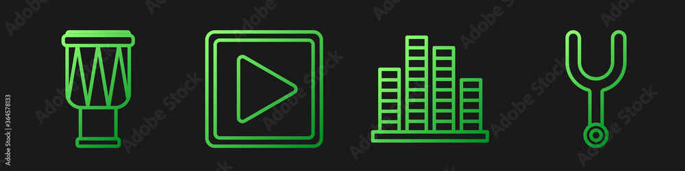 设置线路音乐均衡器、鼓、方形播放和音乐音叉。渐变色图标。矢量