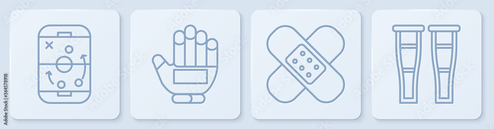 Set line Planning strategy, Crossed bandage plaster, Hockey glove and Crutch or crutches. White squa