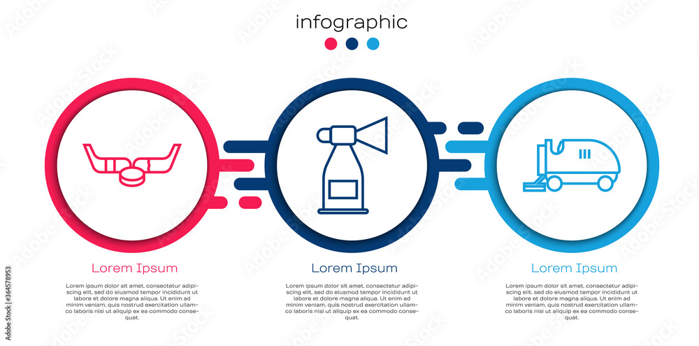 固定线冰球杆和冰球，空气喇叭和冰面重修器。商业信息图模板。Vec