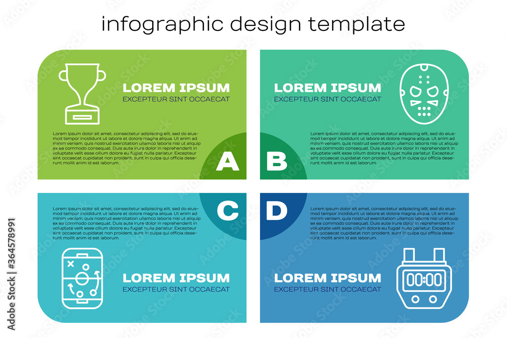 设定路线规划策略、奖杯、秒表和冰球面具。商业信息图模板。Vec
