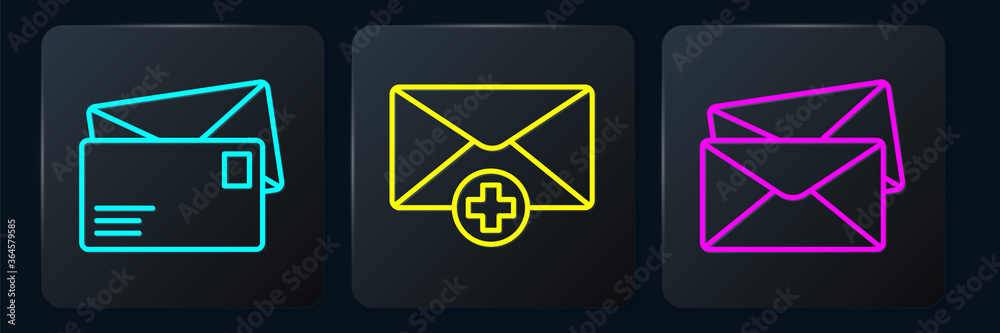 Set line Envelope, Envelope and Received message concept. Black square button. Vector.