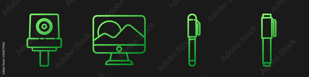 设置线条笔、喷雾罐喷嘴帽、计算机显示器屏幕和笔。渐变色图标。矢量。