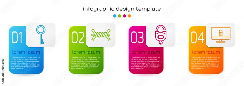 Set line Old key, Barbed wire, Lock and key and Lock on computer monitor. Business infographic templ