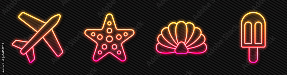 Set line Scallop sea shell, Plane, Starfish and Ice cream. Glowing neon icon. Vector.