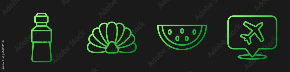 Set line Watermelon, Bottle of water, Scallop sea shell and Speech bubble with airplane. Gradient co