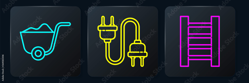 Set line Shovel, Wooden staircase and Electric plug. Black square button. Vector.