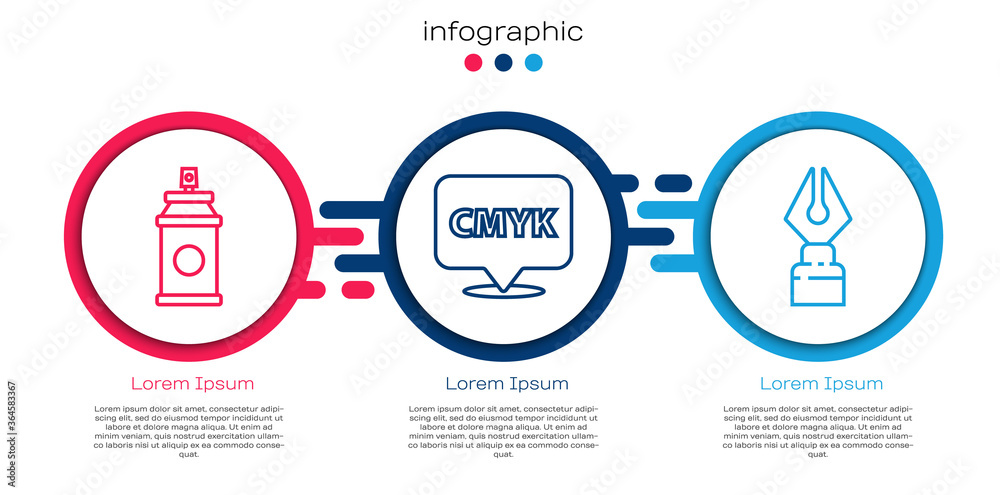 设置线条喷漆罐，带文本CMYK和Fountain笔尖的语音气泡。商业信息图te