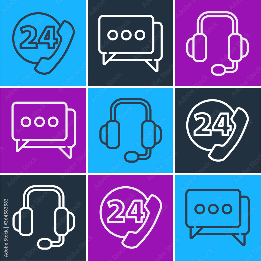 Set line Telephone 24 hours support, Headphones and Speech bubble chat icon. Vector.