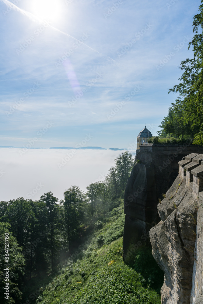 View from the Fortress Königstein on a misty day in the Saxon Switzerland