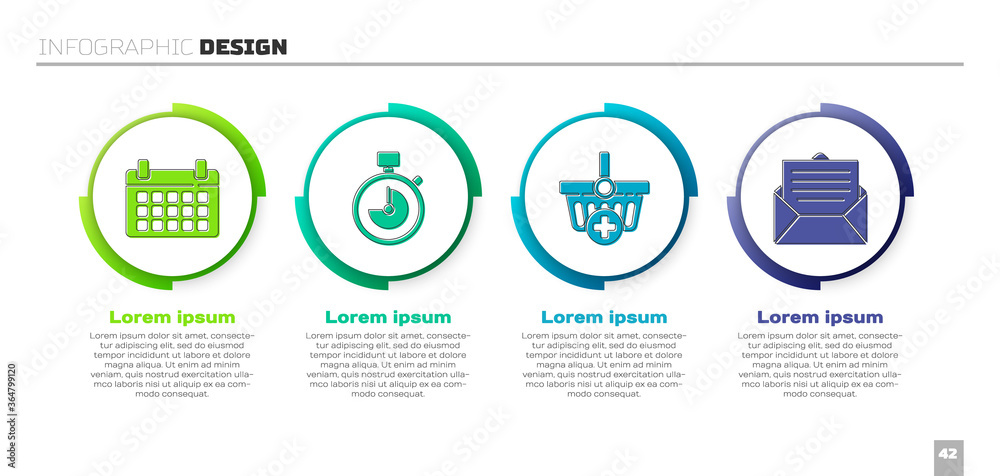 设置日历、秒表、添加到购物篮和信封。商业信息图模板。矢量。
