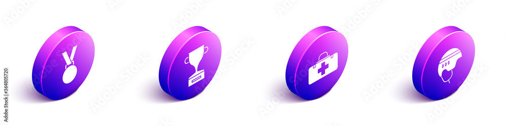 Set Isometric Medal，Award cup，急救包和冰球头盔图标。Vector。