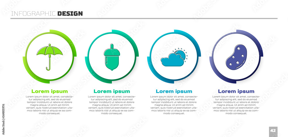 设置雨伞、橡子、阳光和云天气以及土豆。商业信息图模板。矢量。