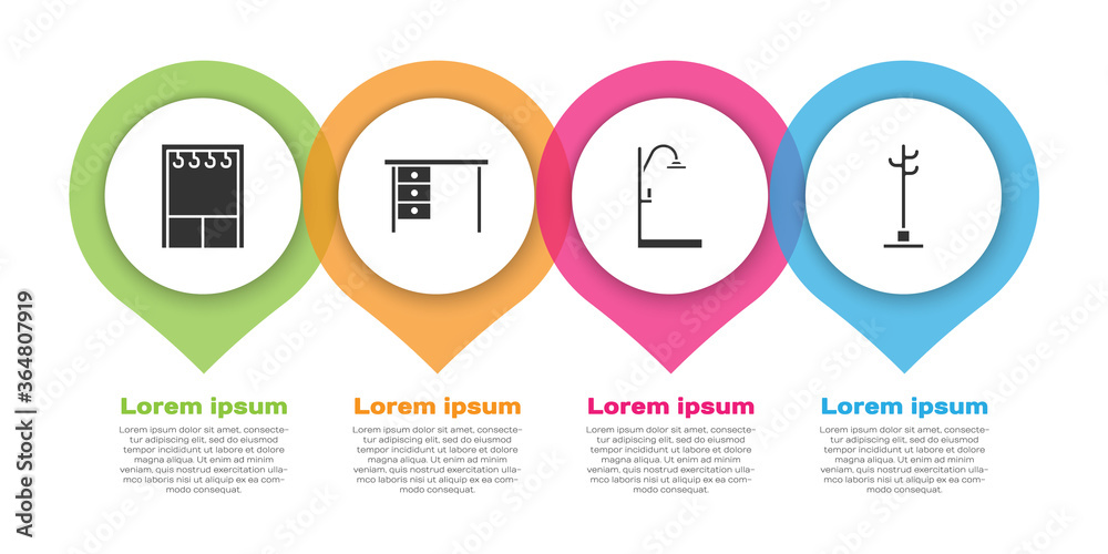 套装衣柜、办公桌、淋浴和衣架。商业信息图模板。矢量。