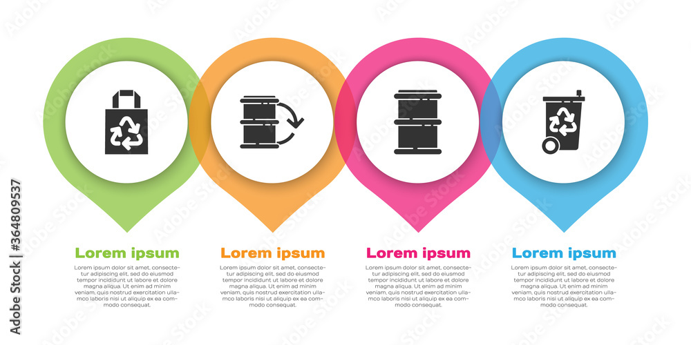 设置带回收的纸袋、环保燃料桶、桶和带回收的回收站。商业信息图