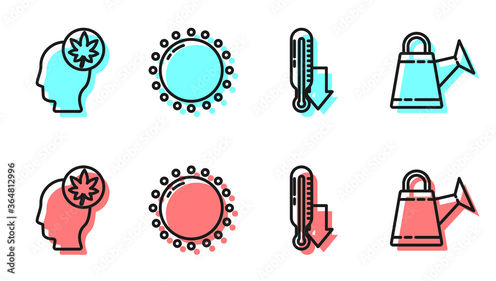 设定线气象温度计，带叶子的人头，太阳和浇水可以图标。矢量。