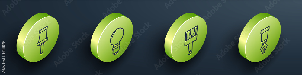 Set Isometric Push pin, Light bulb, Paint brush and Fountain pen nib icon. Vector.