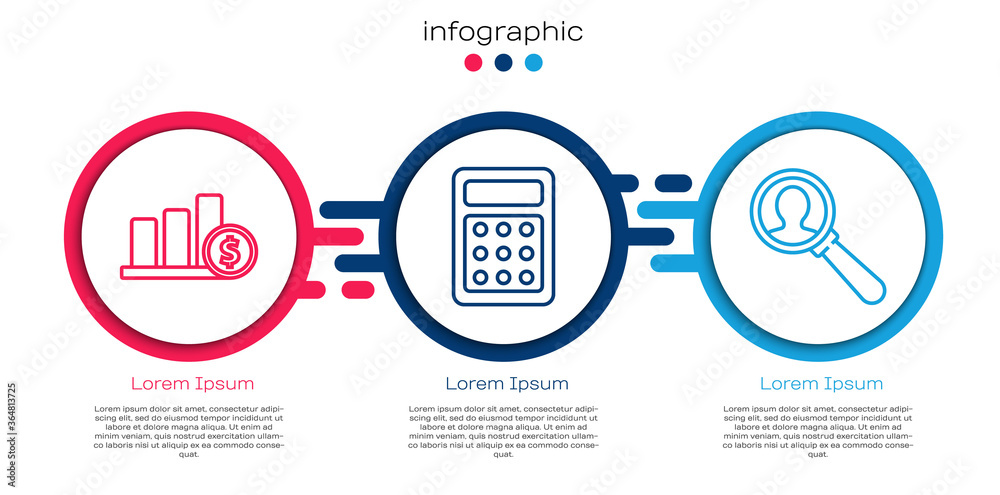 设置线饼图信息图和美元，计算器和放大镜用于搜索一个人。Busi