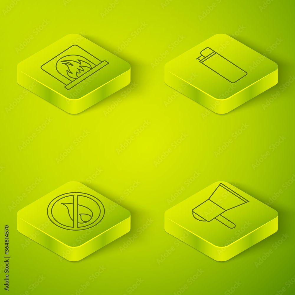 Set Isometric Lighter, No fire, Megaphone and Interior fireplace icon. Vector.