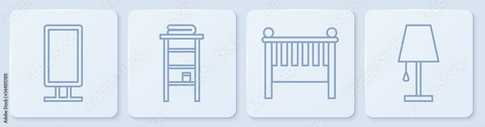 Set line Big full length mirror, Baby crib cradle bed, Bathroom rack with shelves for towels and Tab