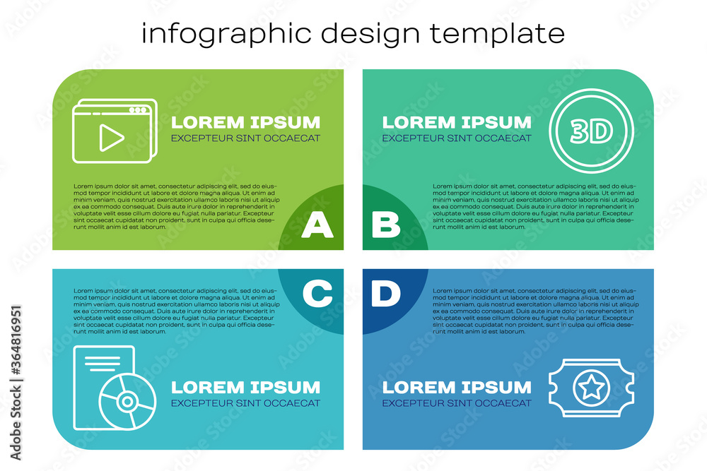 设置线路CD或DVD光盘，在线播放视频，电影票和3D字。商业信息图模板