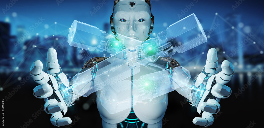 Robot holding and touching green renewable energy battery 3D rendering